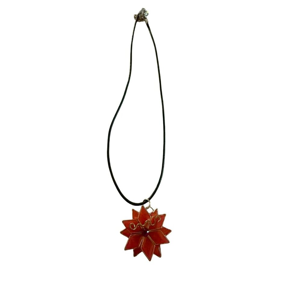 Red Starburst Pendant Necklace With Black Cord Chain & Gold-Tone Clasp